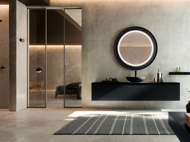 Mobile da Bagno sospeso Fly 13 in vetro Nero Grafite opaco di Nova Cucina