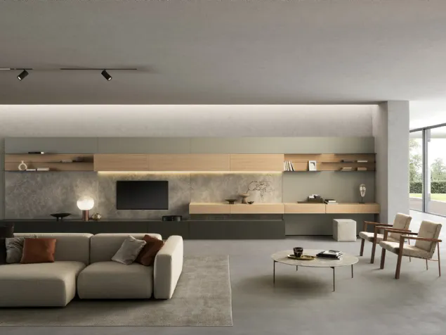 Parete Attrezzata I-ModulART 01 in laccato opaco e legno di Presotto