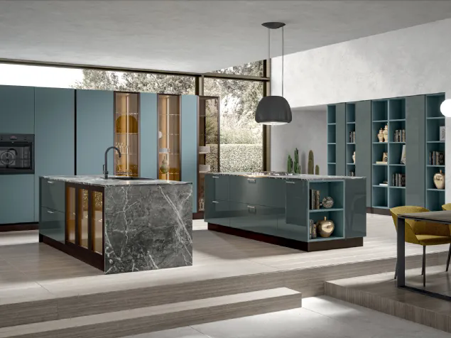 Cucina Moderna in laccato opaco Klee con doppia isola in laccato lucido di Home Cucine