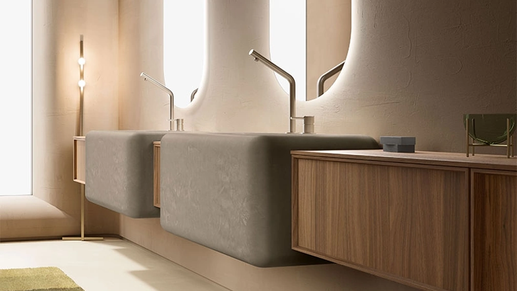 Mobile da Bagno Des Evolution Caramel 02 in Noce Canaletto con lavabi in resina di Cerasa