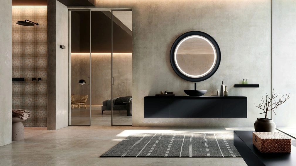 Mobile da Bagno sospeso Fly 13 in vetro Nero Grafite opaco di Nova Cucina