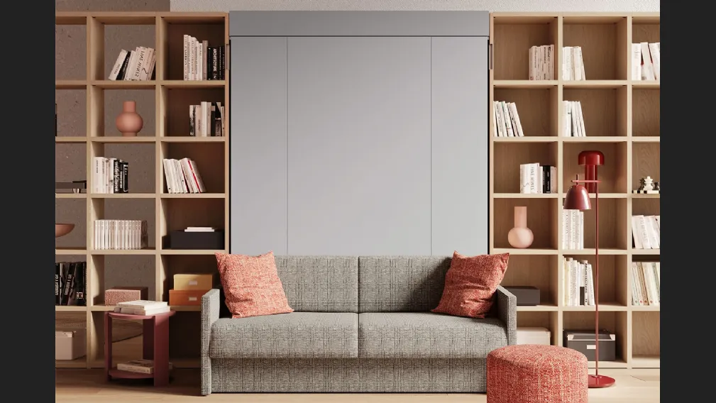 Letto a scomparsa con divano integrato e libreria Im 22 04 Nobu in melaminico Rovere e laccato opaco di Clever