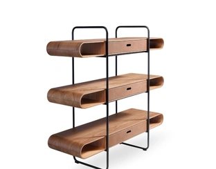 Libreria Apelle in metallo con ripiani in legno e cassetti in cuoio di Midj