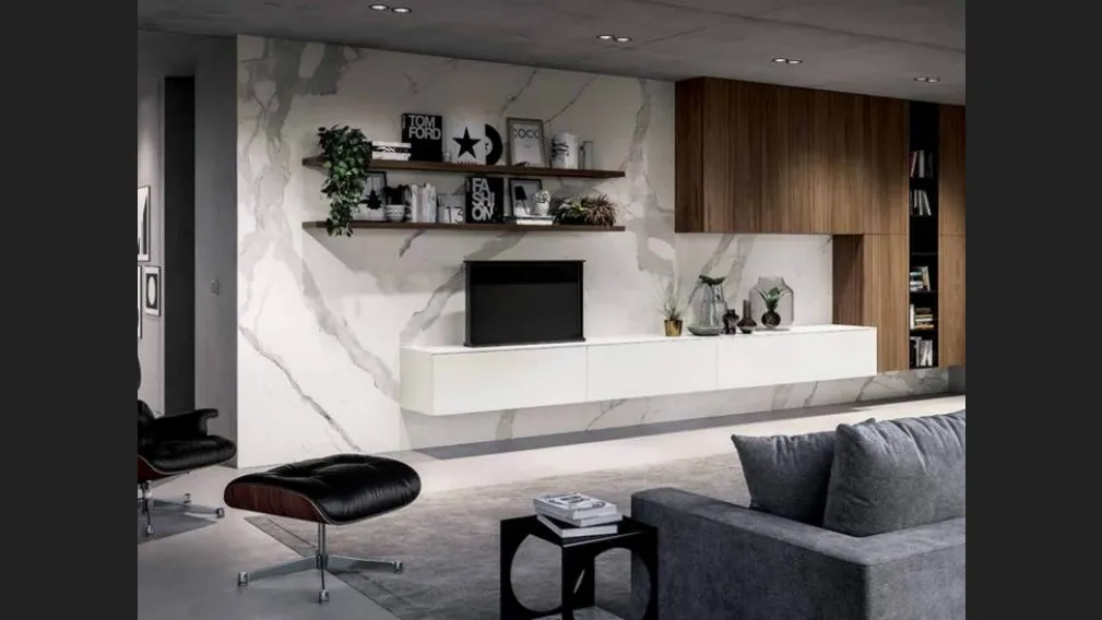 Parete Attrezzata sospesa Fly&Kyton 1 in laccato opaco bianco e legno di Noce Canaletto di Nova Cucina