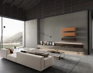 Parete Attrezzata I-ModulART 05 in laccato lucido e legno con pensili in laccato opaco e legno di Presotto