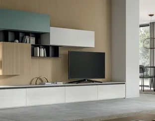 Parete Attrezzata Living Glass in laminam Pietra di Savoia e impiallacciato di Arredo3