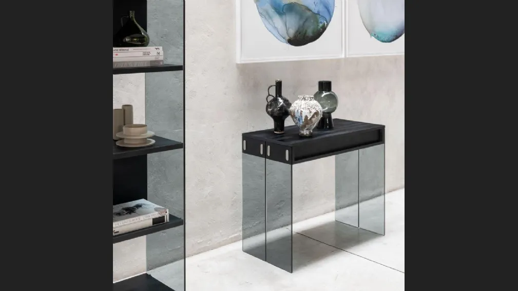 Tavolo Consolle allungabile con top e allunghe in laminato ecologico e gambe in vetro temperato City di Pezzani