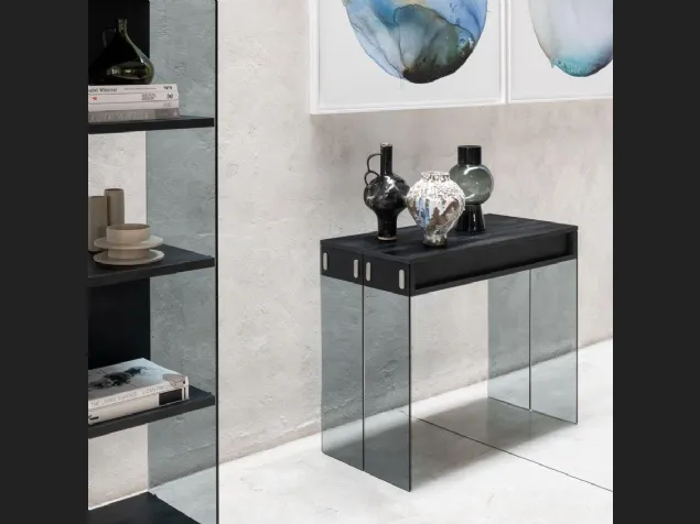 Tavolo Consolle allungabile con top e allunghe in laminato ecologico e gambe in vetro temperato City di Pezzani