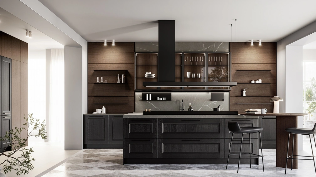 Cucina Classica con isola Gioiosa 02 in laccato nero e noce di Arredo3