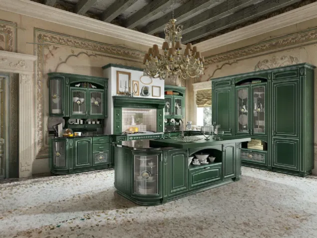 Cucina Classica con isola Gold Elite 06 in impiallacciato Frassino laccato Verde Argento e vetro di Home Cucine