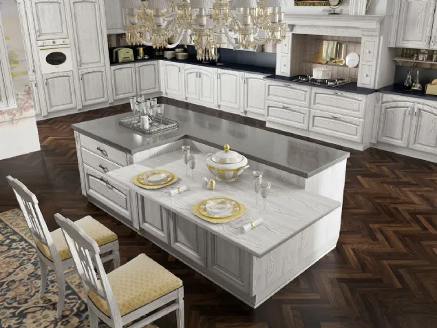 Cucina Classica angolare con isola Gold Elite 07 in impiallacciato Frassino finitura Bianco Argento di Home Cucine