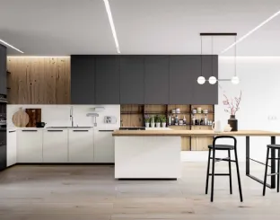 Cucina Design con penisola Fly&Keaton 03 in laccato opaco bianco e ardesia e legno di briccola naturale di Nova Cucina