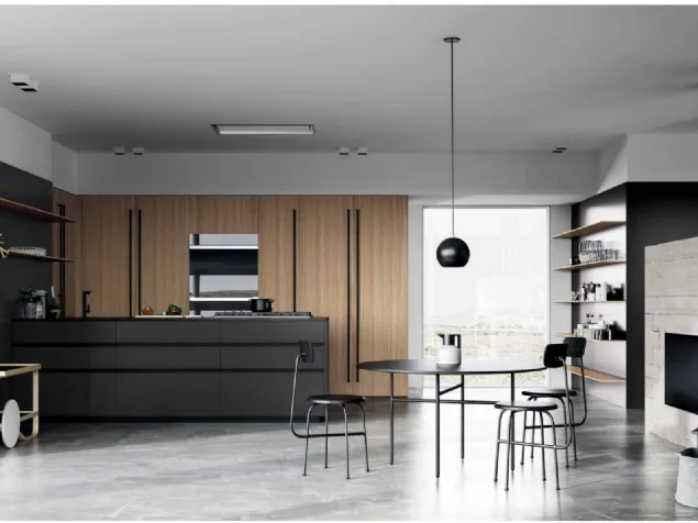 Cucina Design lineare MK1 05 in Alluminio Ferro naturale, Rovere e top in Dekton nero di Nova Cucina