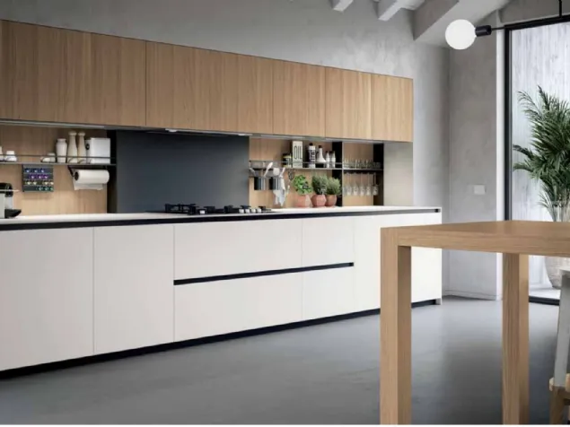 Cucina Design lineare MK1 04 in laccato bianco opaco e Rovere naturale con top in Corian di Nova Cucina