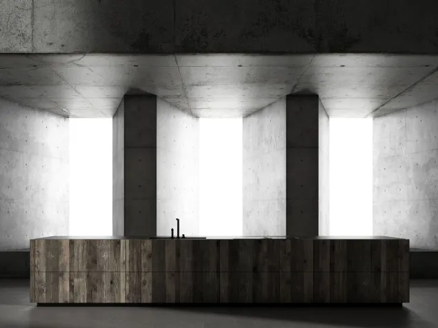 Cucina Design con isola Kyton Lab4|0 1 in rovere ossido e pietra gray di Nova Cucina