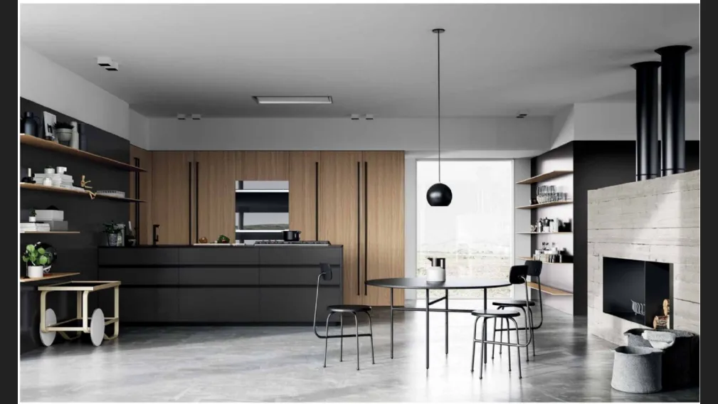 Cucina Design con penisola MK1 06 in Alluminio Ferro naturale, Rovere e top in Dekton nero di Nova Cucina