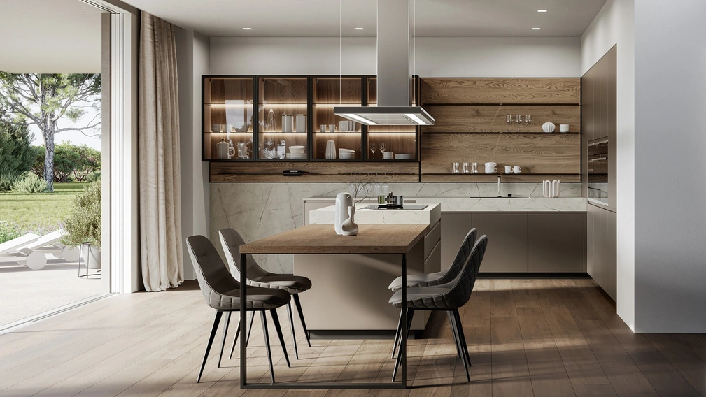 Cucina Moderna con isola Wega 02 in laccato metallizzato e rovere di Arredo3