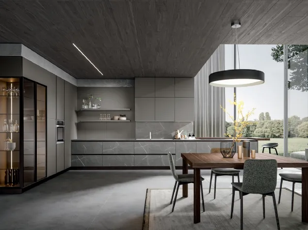 Cucina Moderna con penisola Aura 04 in melaminico e vetro di Home Cucine