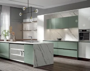 Cucina Moderna Era con penisola in PVC laccato lucido Salvia e Candido Home Cucine