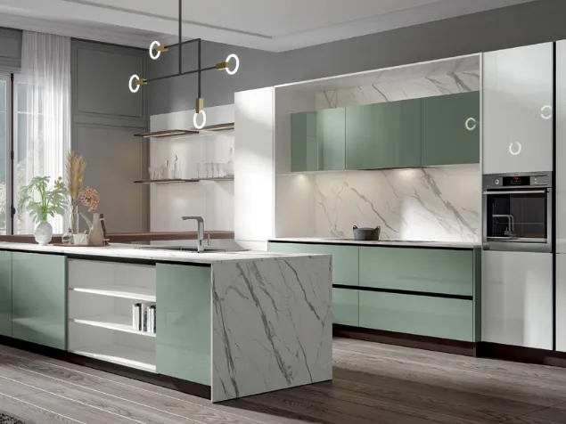 Cucina Moderna Era con penisola in PVC laccato lucido Salvia e Candido Home Cucine