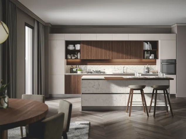 Cucina Moderna con isola Genesi 06 in melaminico e Pet laccato opaco di Home Cucine