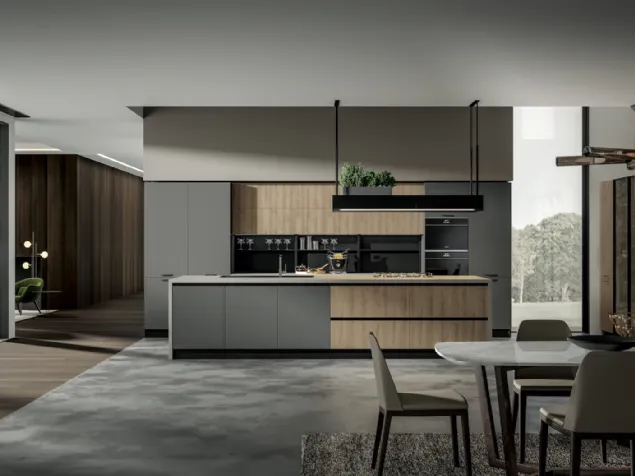 Cucina Moderna con isola Genesi 14 in melaminico finitura Nordico e Atomo di Home Cucine