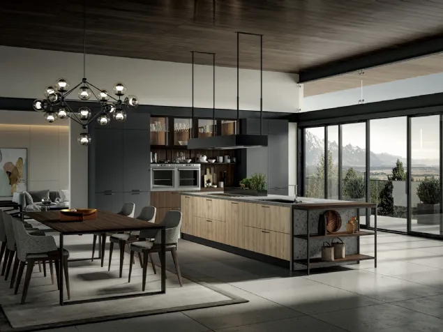 Cucina Moderna con isola Genesi 17 in melaminico finitura Lava, Nordico e Bruno di Home Cucine