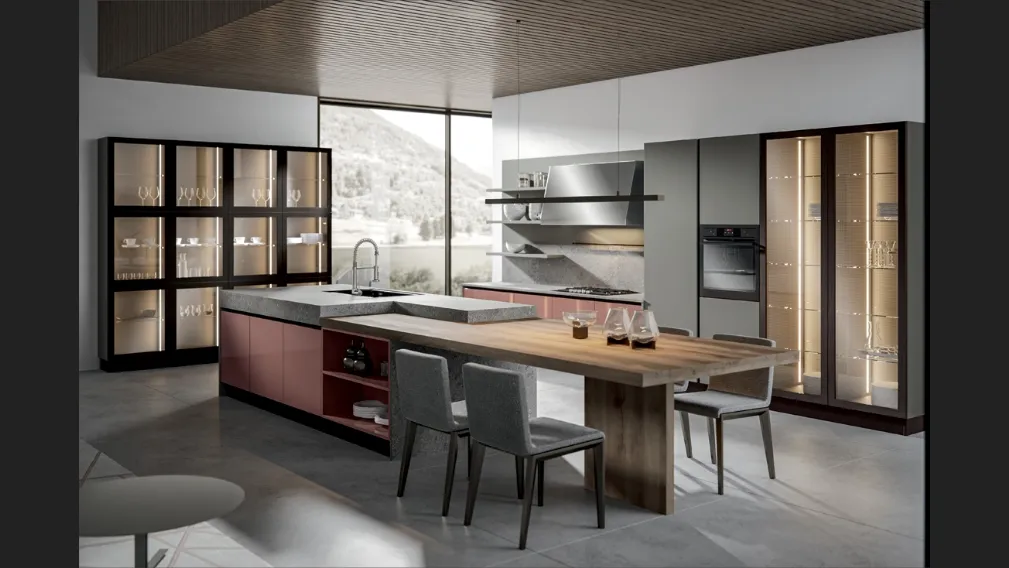 Cucina Moderna Klee in laccato Rosa con isola di Home Cucine