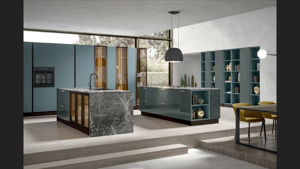 Cucina Moderna in laccato opaco Klee con doppia isola in laccato lucido di Home Cucine