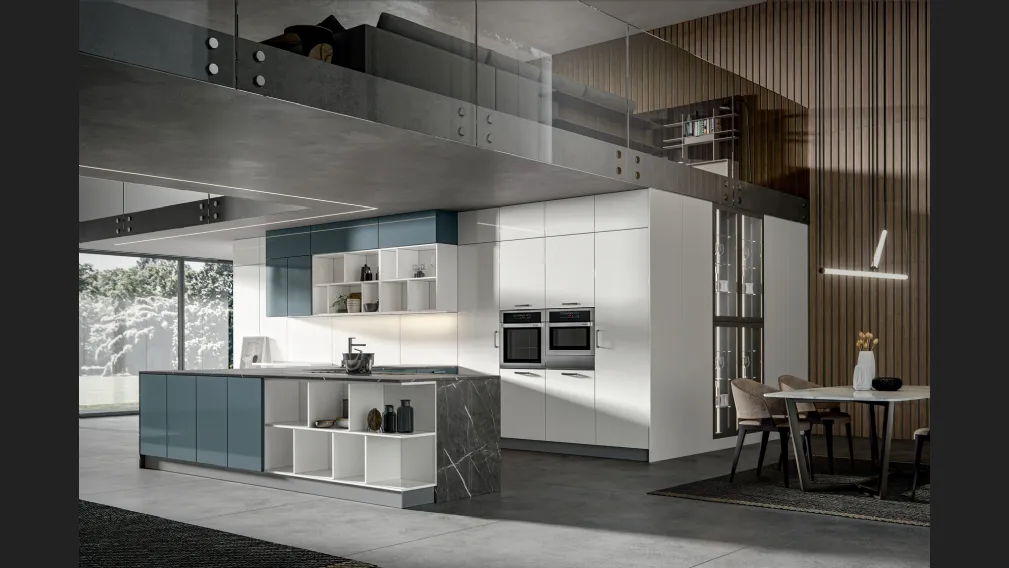 Cucina Moderna Klee con penisola Navy e Seta di Home Cucine