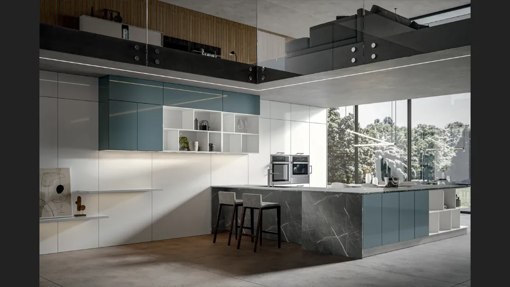 Cucina Moderna Klee con penisola Navy e Seta di Home Cucine