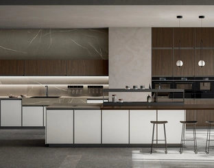 Cucina Moderna con isola Kronos 02 in pet bianco e laminato noce di Arredo3