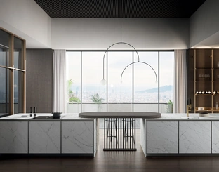 Cucina Moderna in laminam statuarietto con penisola Kronos di Arredo3