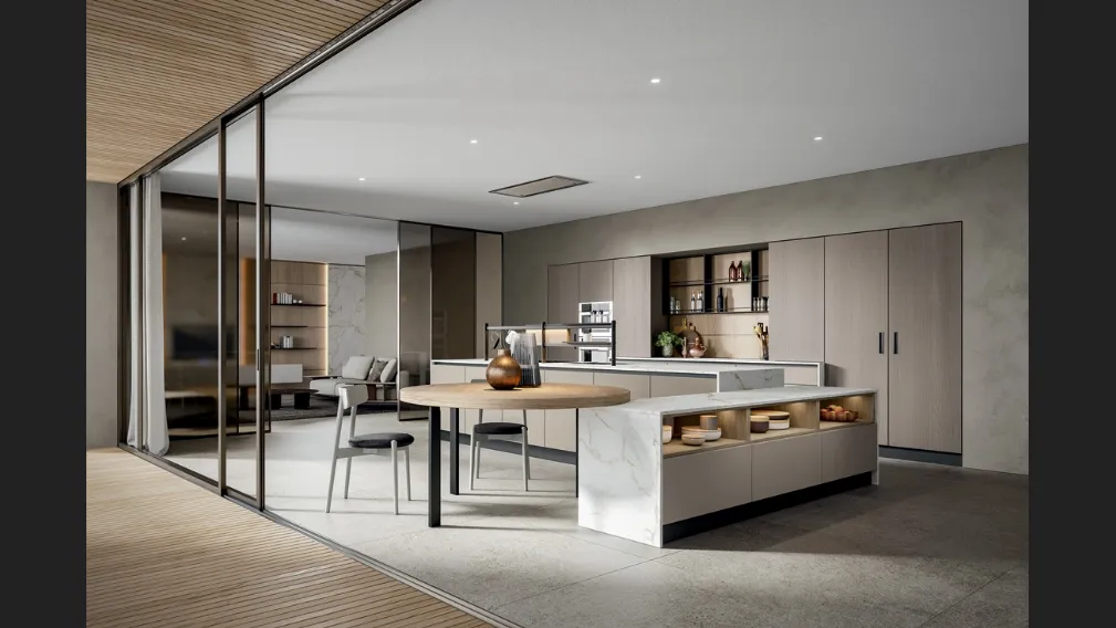 Cucina Moderna Mela con isola in melaminico con top Pandora Calacatta di Home Cucine