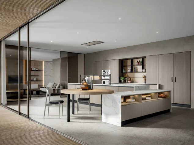 Cucina Moderna Mela con isola in melaminico con top Pandora Calacatta di Home Cucine