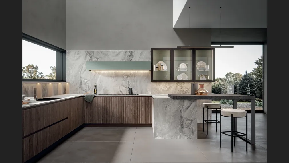 Cucina Moderna Palù con penisola in PVC cannettato di Home Cucine