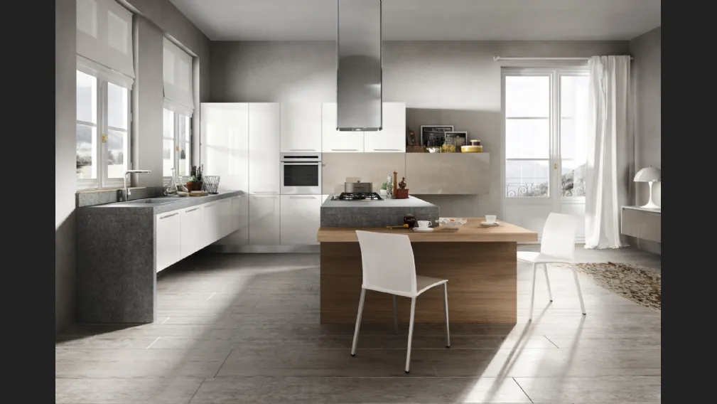 Cucina Moderna con isola Reflexa 03 in laminato con top finitura Roccia e tavolato Olmo di Home Cucine