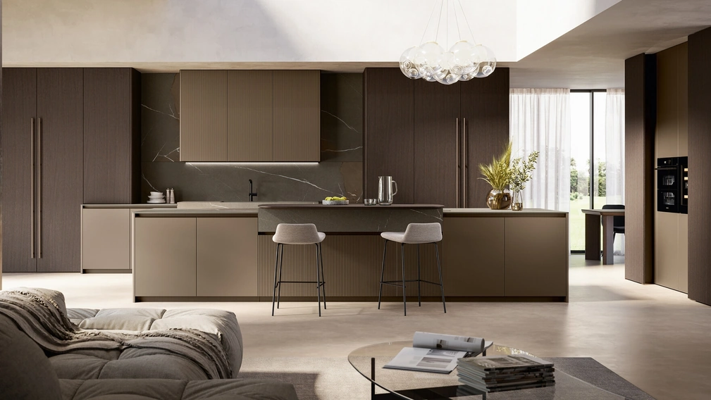 Cucina Moderna con isola Time 01 in laccato e noce di Arredo3