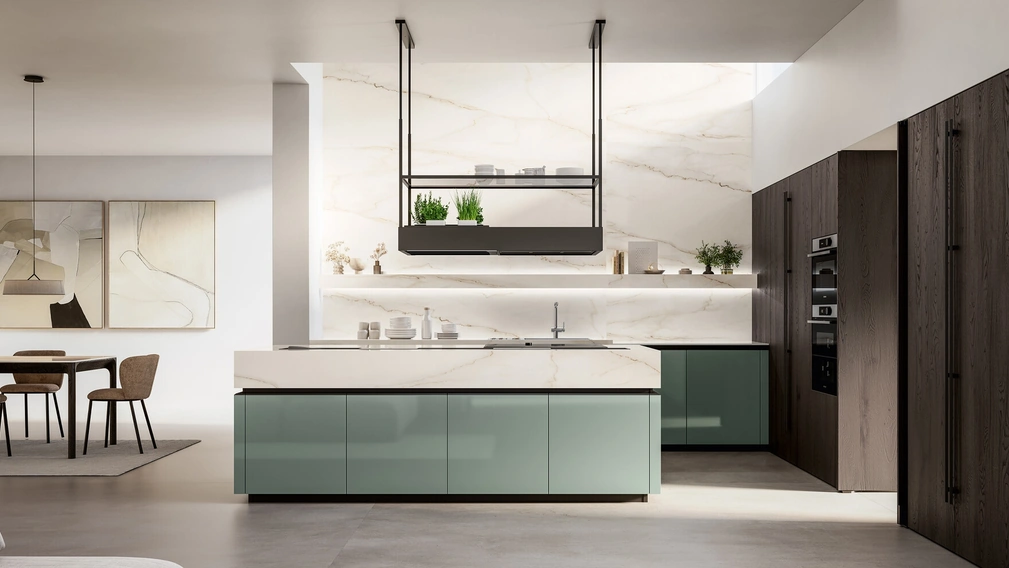 Cucina Moderna in laccato lucido e impiallacciato con isola Time di Arredo3