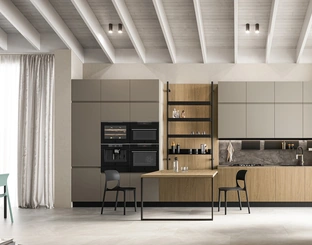 Cucina Moderna in laccato tortora e laminato rovere con penisola Wega 03 di Arredo3
